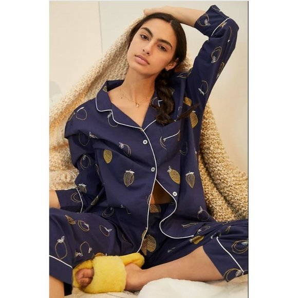 Anthropologie Other - Anthropologie Print Fresh Lemon Drop Embroidered Navy Blue Pajama Set Size M NWT